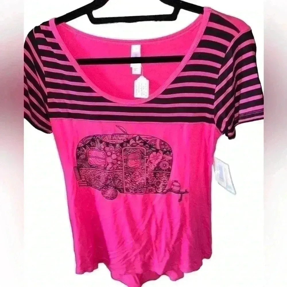 Lularoe XXS pink‎ & black classic t shirt. Custom graphic ornate travel trailer.